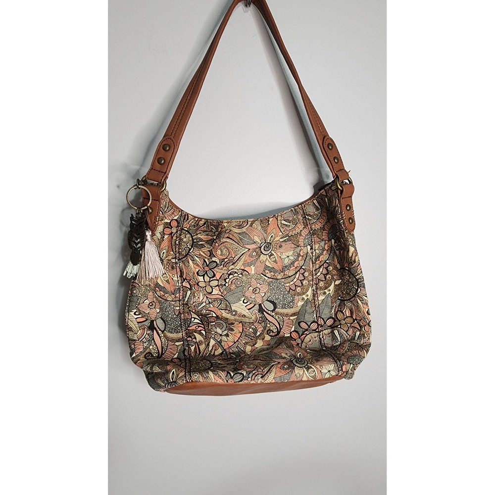 Sakroots Artist Circle Canvas Hobo Bag Floral Paisley Brown Strap Owl Charm